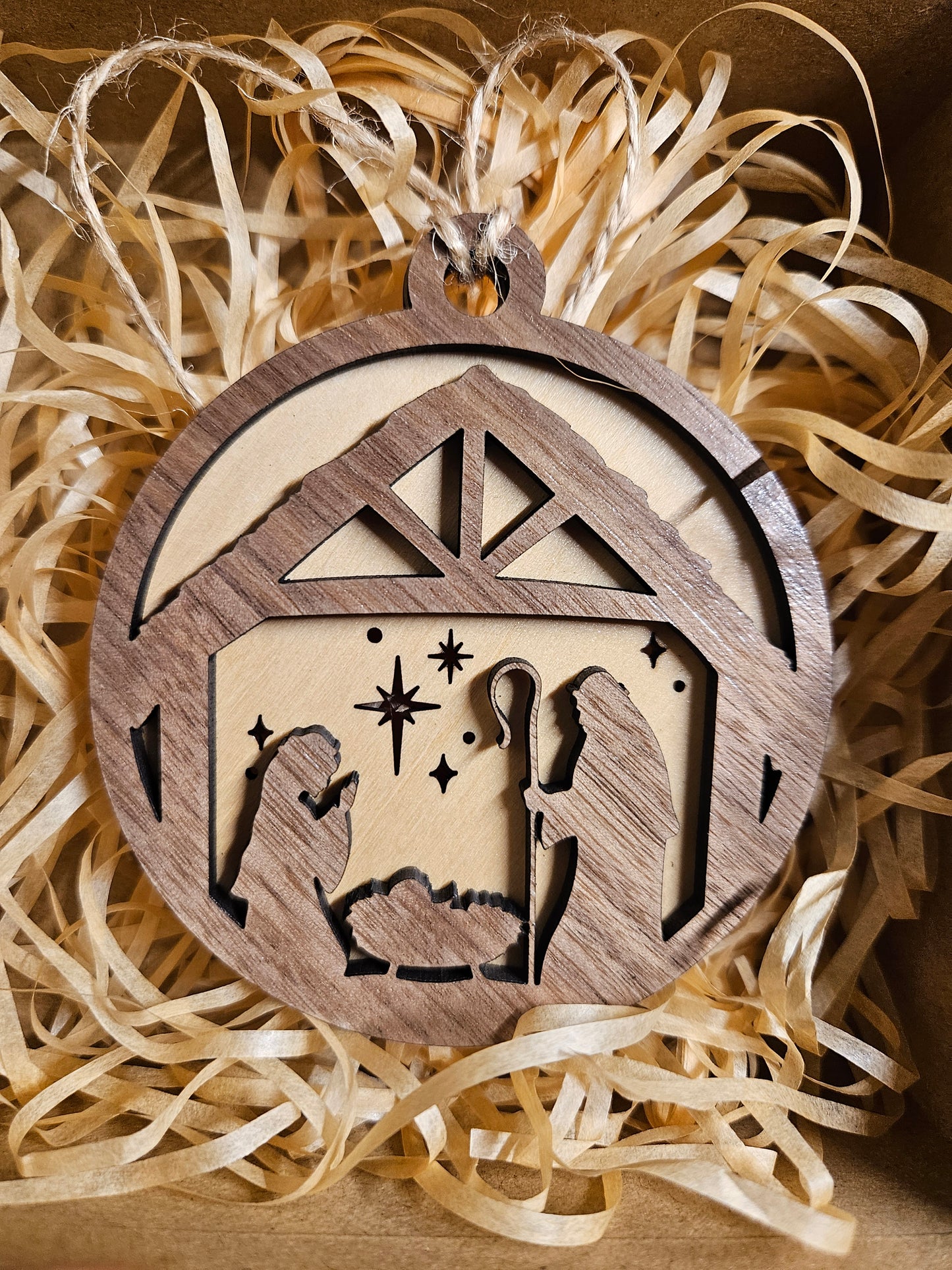 Nativity round ornament, wood